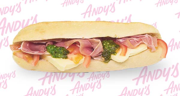 Panini à l’Italienne : Jambon cru 9 mois, mozzarella, pesto, tomate Panini à l’Italienne